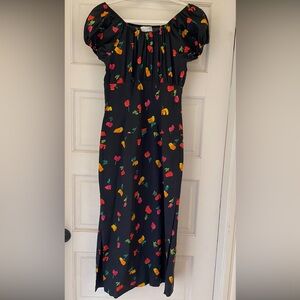 Caroline Constas Silk Floral Short Puff Sleeve Midi Dress with Ruched Bodice S